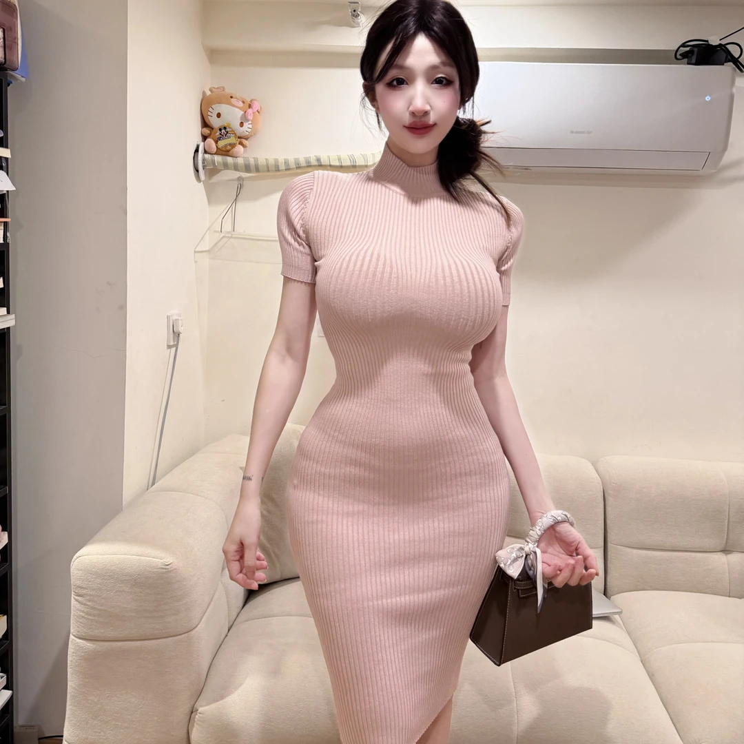 幼辣～［人间玉兔］纯欲温柔修身显瘦针织包臀中袖中长款气质名媛