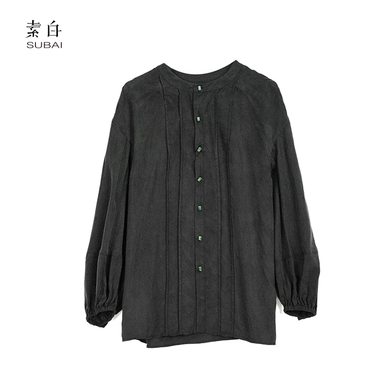 素白【清筠】国风圆领宽松休闲气质铜氨丝长袖衬衫SB2502CS01129