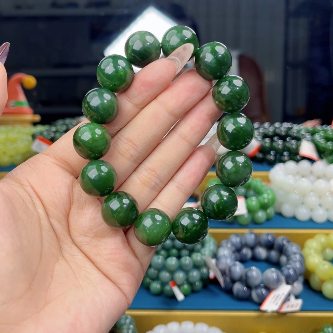 众***醒和田玉未镶嵌手链天然和田玉俄碧菠菜绿手串16微瑕
