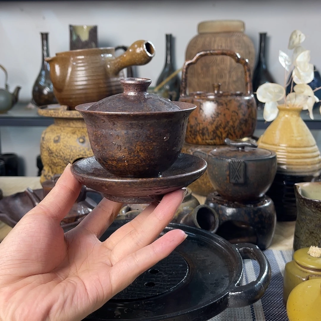 碟紫砂粗陶实用盖碗