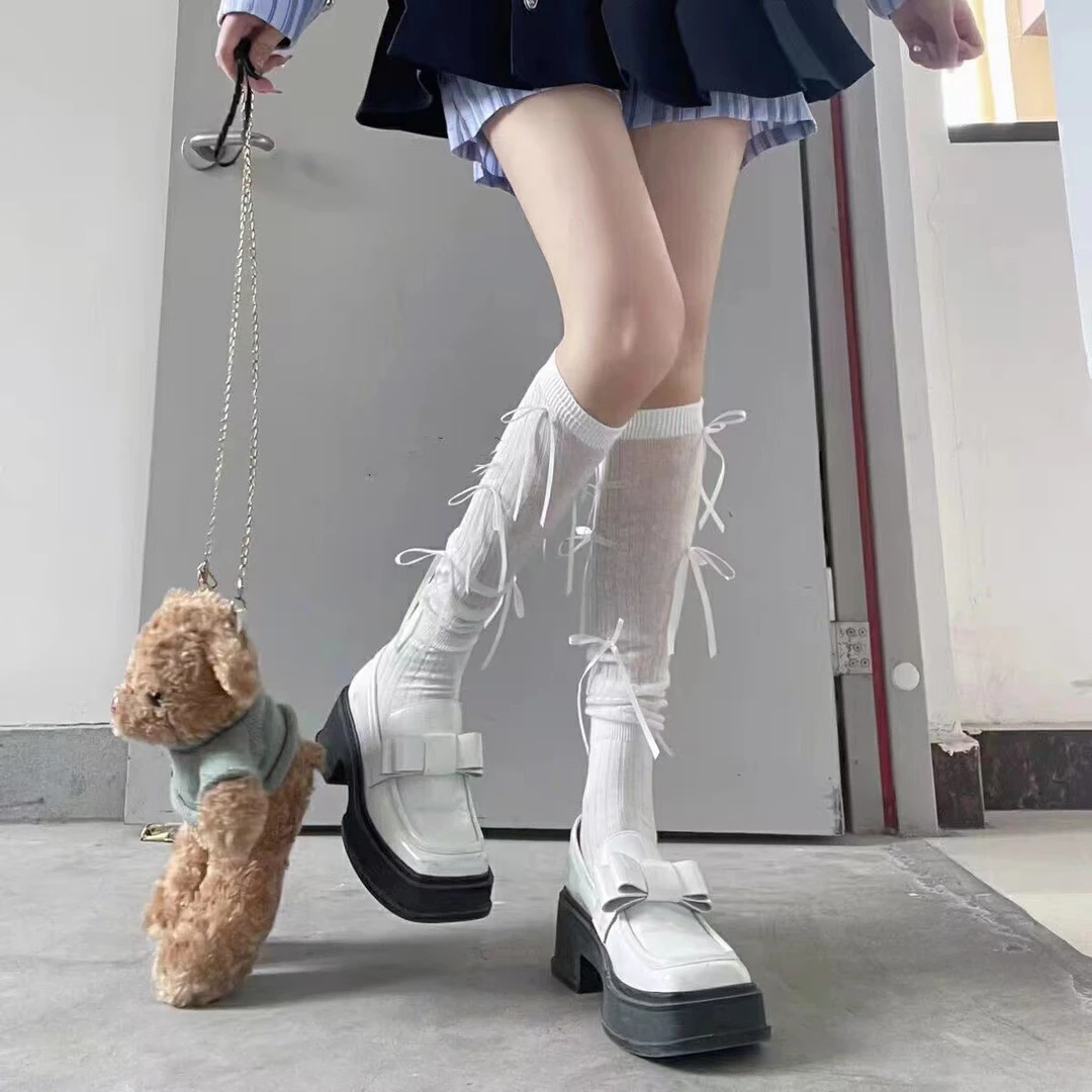 芭蕾风飘带蝴蝶结过膝袜女春秋小众拼接学院风jk堆堆袜甜美小腿袜