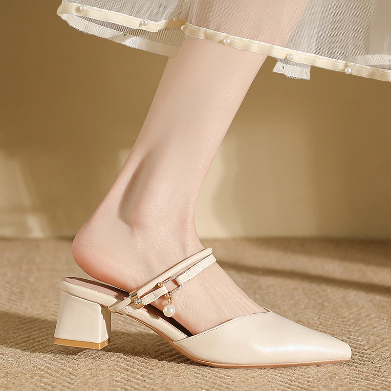 清仓真皮穆勒鞋配裙子羊皮凉鞋女包头拖鞋女鞋夏外穿高跟粗跟单鞋