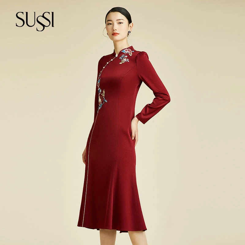 SUSSI/古色25春夏商场同款新年红装新中式婚宴装刺绣连衣裙女