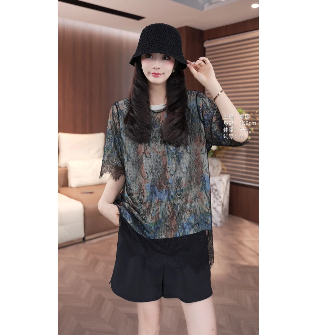 [麦霓严选]法式圆领上衣高级感薄纱衫镂空蕾丝短袖T恤女9354