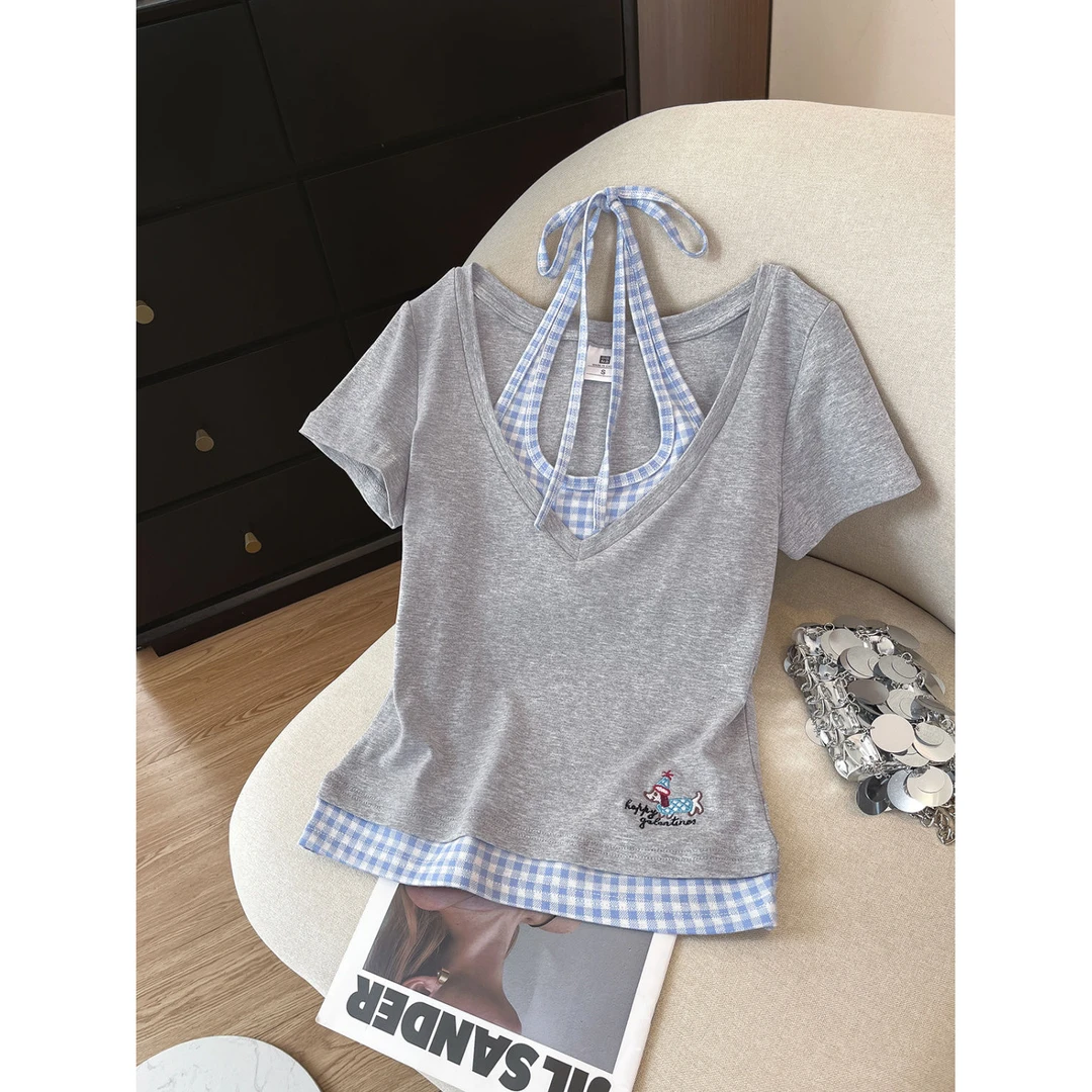 韩系灰色假两件v领短袖T恤女2025新款夏季设计感独特漂亮挂脖上衣