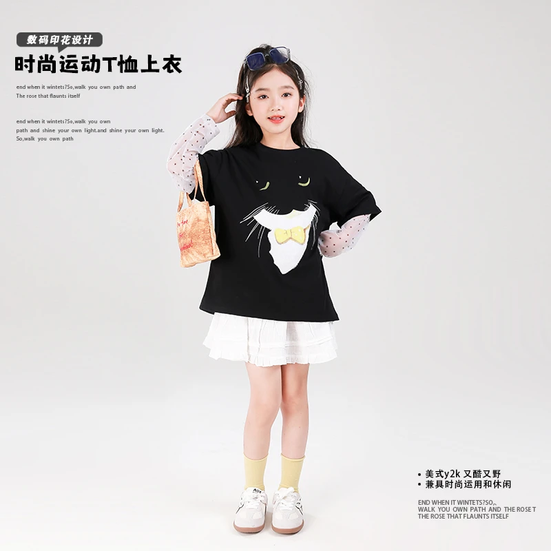 0769434女童长袖T恤2025新款儿童网纱拼接上衣假两件打底衫裙子