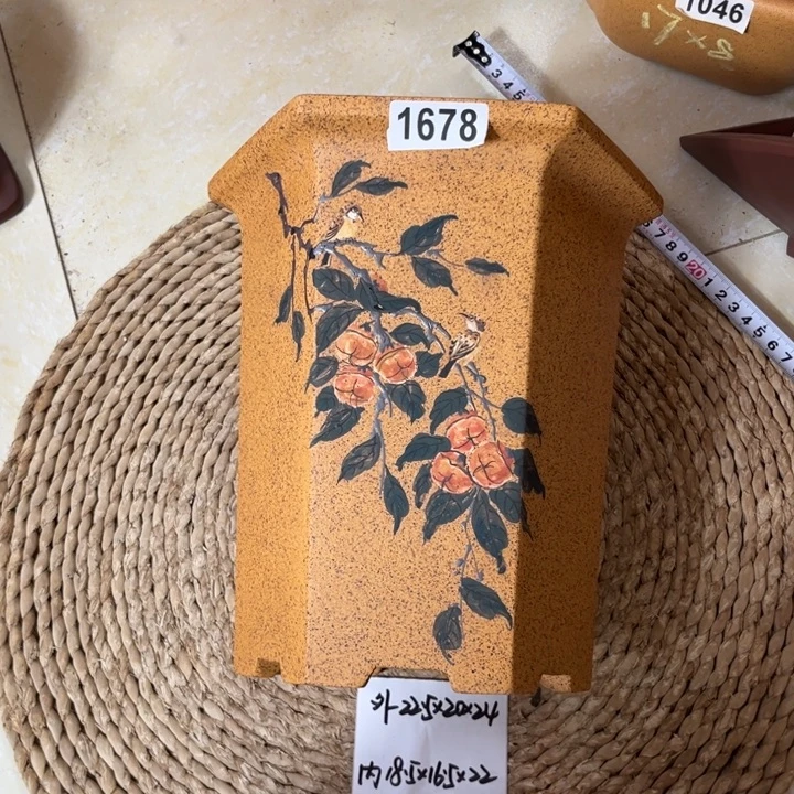 花盆紫砂  柴烧柿柿如意彩绘六方1678