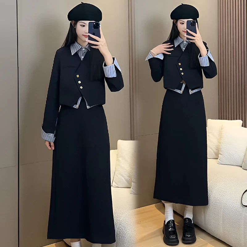 小香风两件套裙高级感假两件套显瘦减龄盐系时尚显瘦春秋款套装女