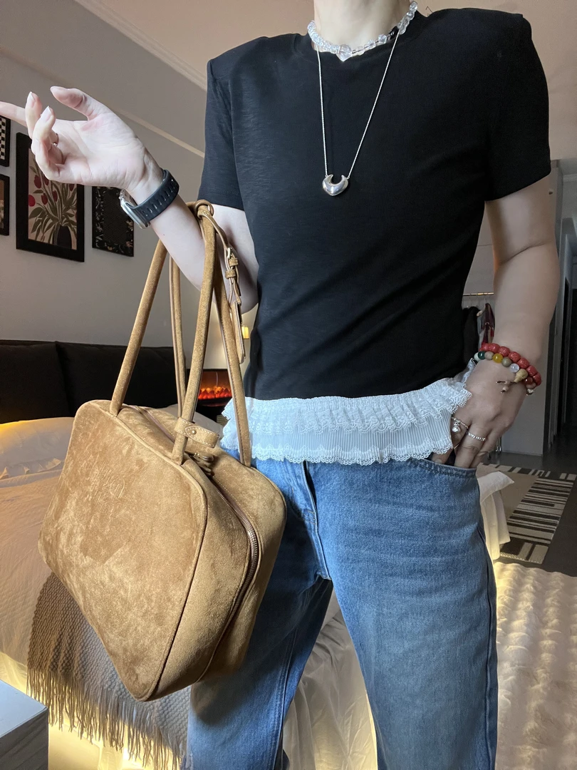 【Miss 程】东大门圆领垫肩双层蕾丝T恤