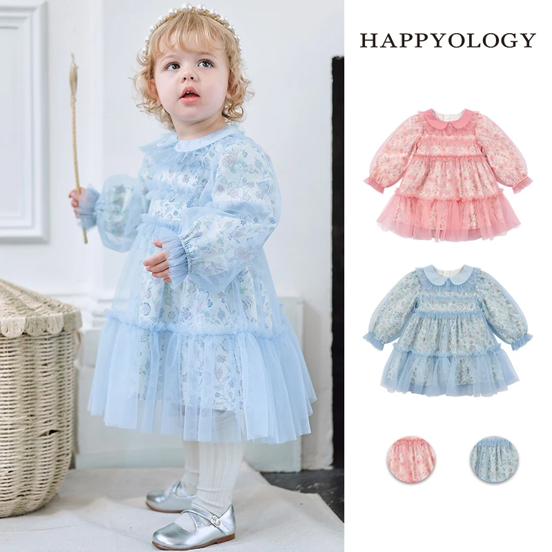 Happyology英国儿童春秋新款裙子女童纱裙童装撞色网纱长袖连衣裙