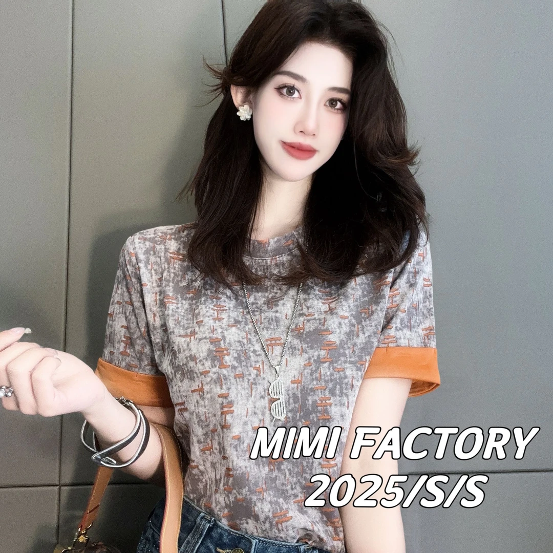 2025新款短袖 烧花设计双色面料设计T恤女修身显瘦上衣#2942