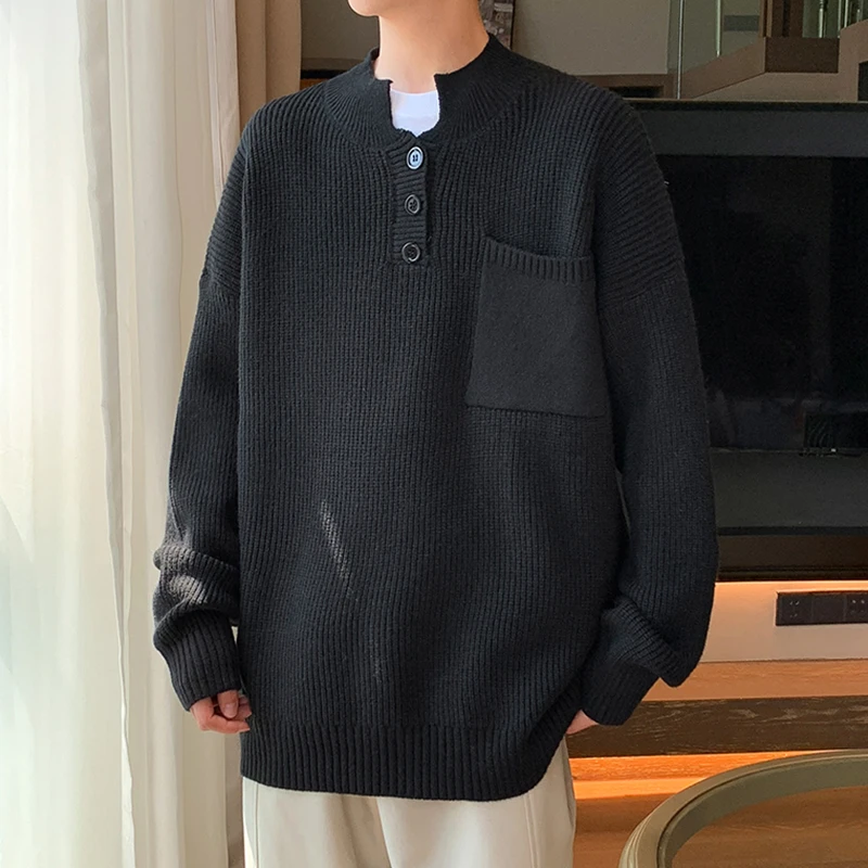 美式高级感黑色亨利半高领毛衣男士宽松款秋冬季复古慵懒风针织衫