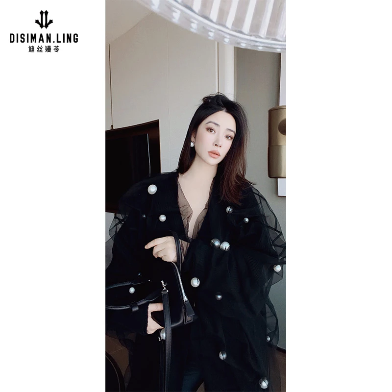 【迪丝嫚苓】黑色锦纶外套小香风百搭时尚珍珠纱网款小众优雅原创风