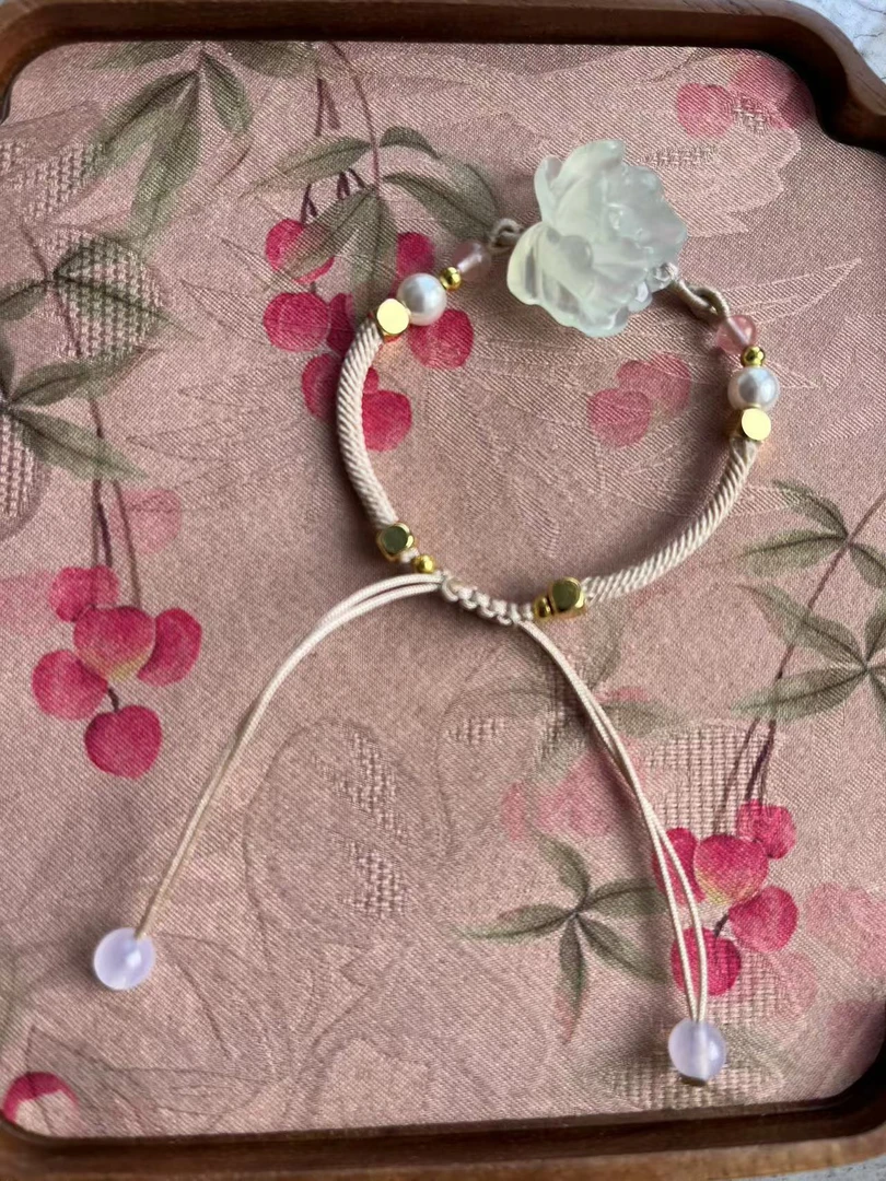 岫玉纯手工雕刻冰底，有钱花，富贵花手链