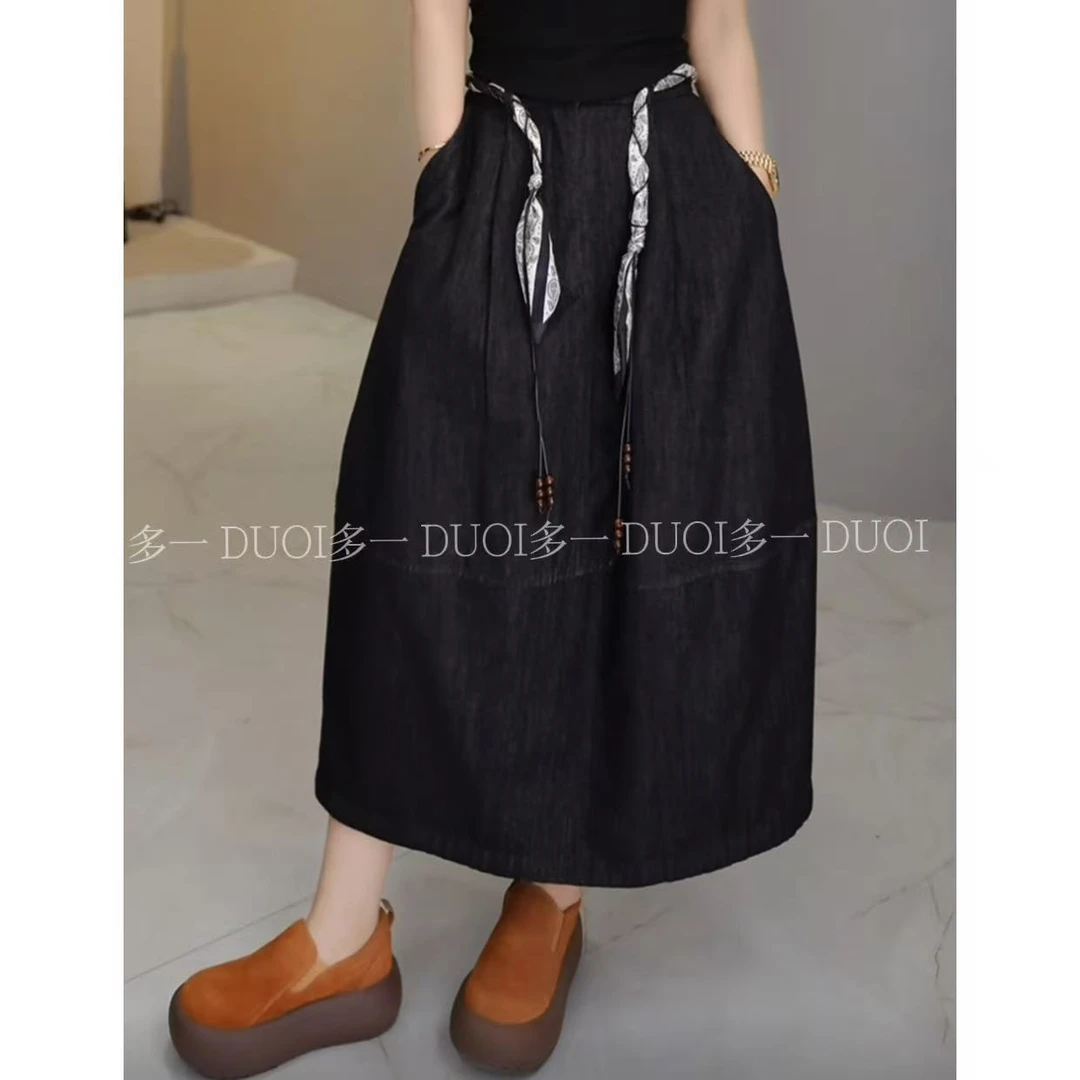 多一“花苞牛仔裙”2025早秋复古极简设计半松紧带口袋半裙（配腰带)