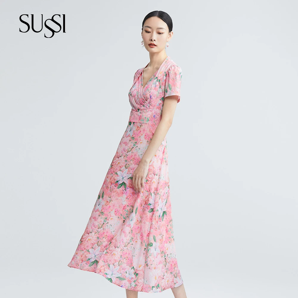 SUSSI/古色夏商场同款凤仙粉真丝温柔妻子印花修身气质连衣裙