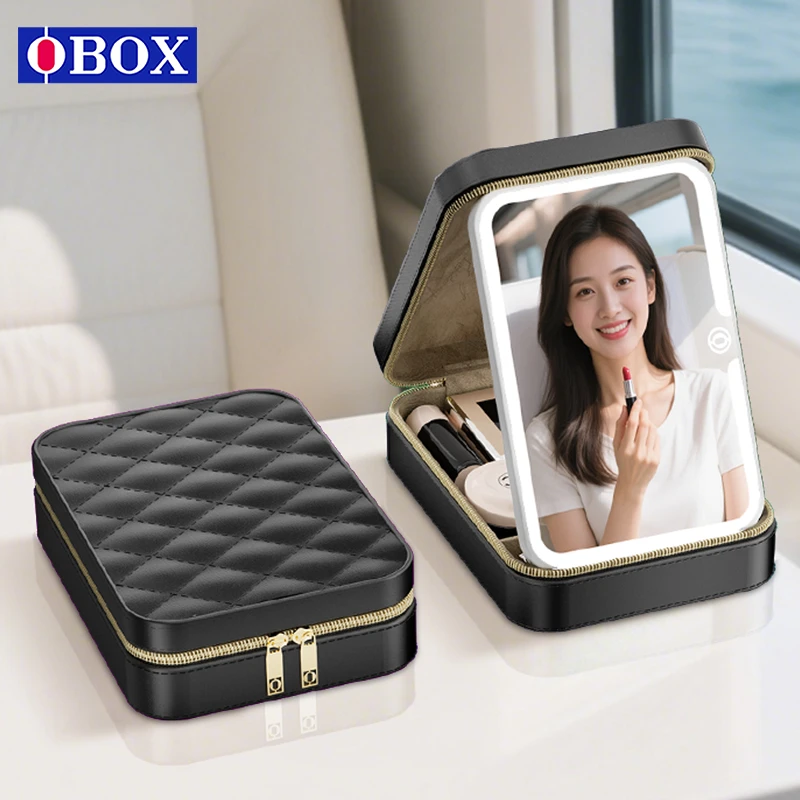 OBOX化妆包带镜子女迷你2025新款化妆品收纳盒桌面便携随身镜高档