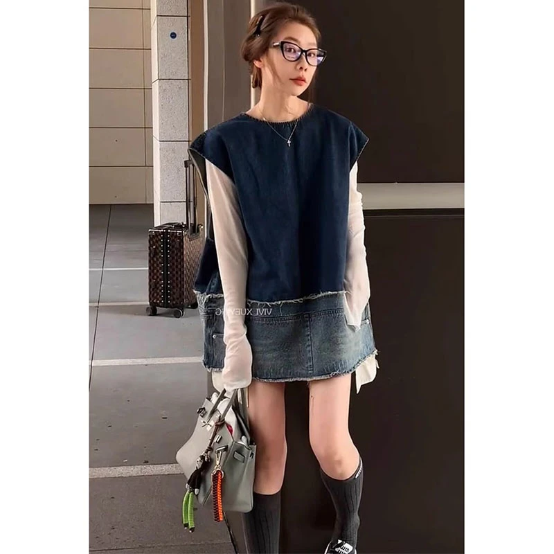 欧洲站2025春夏新款时髦洋气遮肉百搭减龄韩版宽松牛仔圆领上衣女