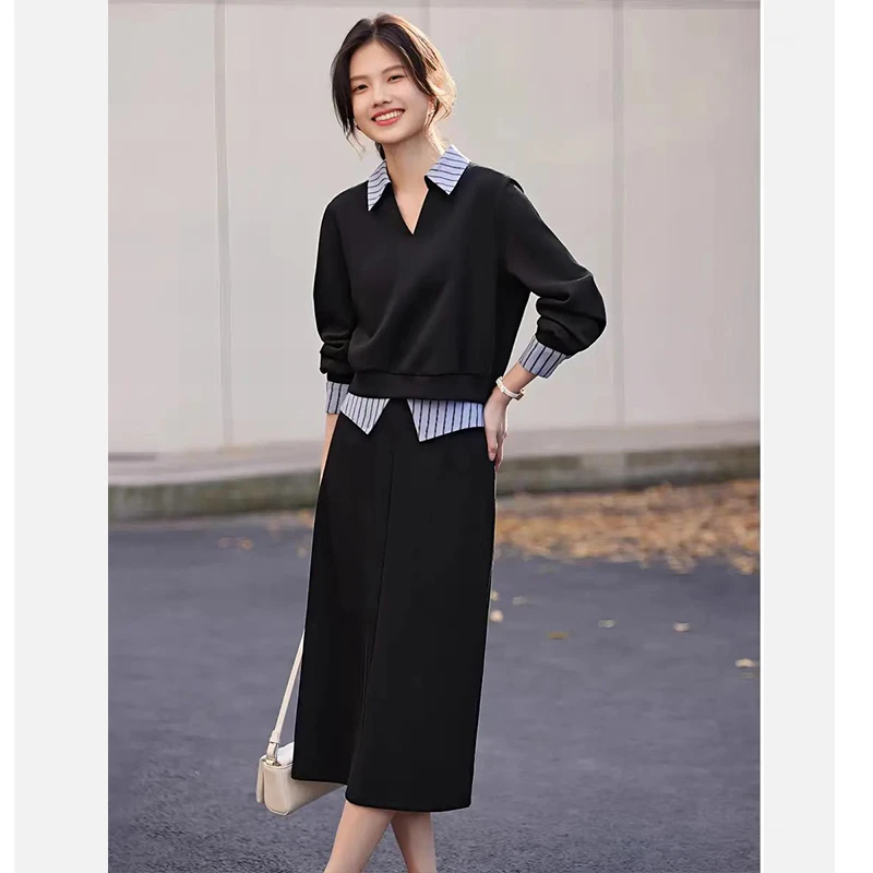 L1091早秋穿搭一整套小个子定制两件套女显瘦条纹拼接半裙套装