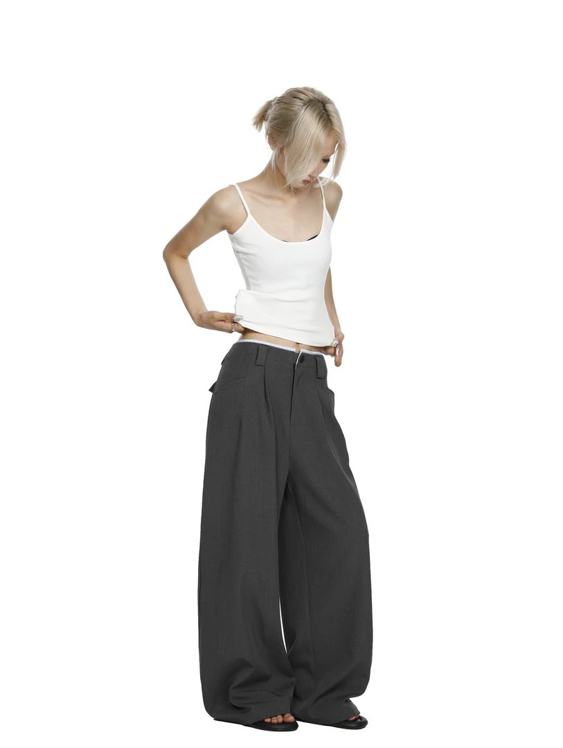 ANSCHALT秋季美式老钱风西装裤条纹拼接双裤腰阔腿裤宽松显瘦长裤