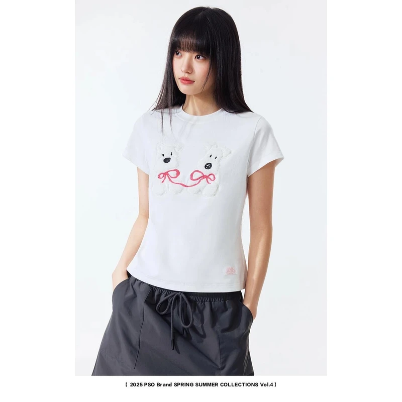 夏季新款圆领短袖T恤女贴布绣小狗设计感韩系学院风修身上衣