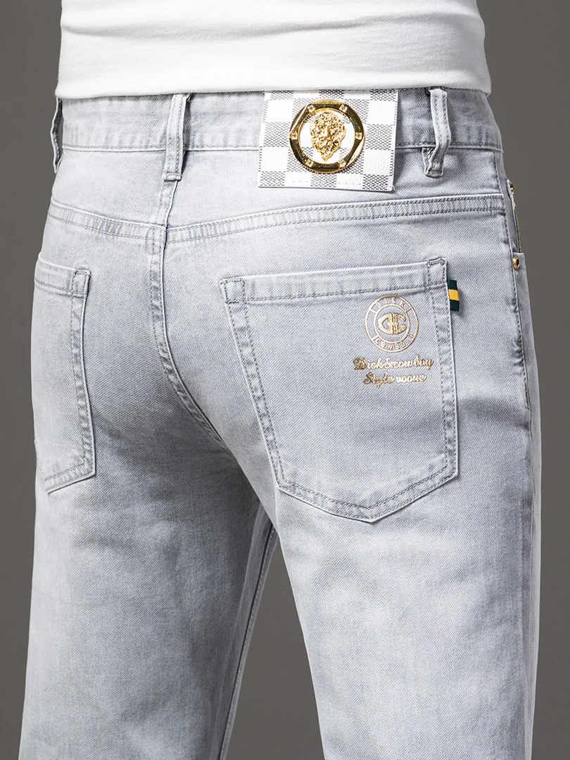 秋季新款高端浅灰色欧货牛仔裤男修身小脚弹力潮牌休闲长裤子潮流