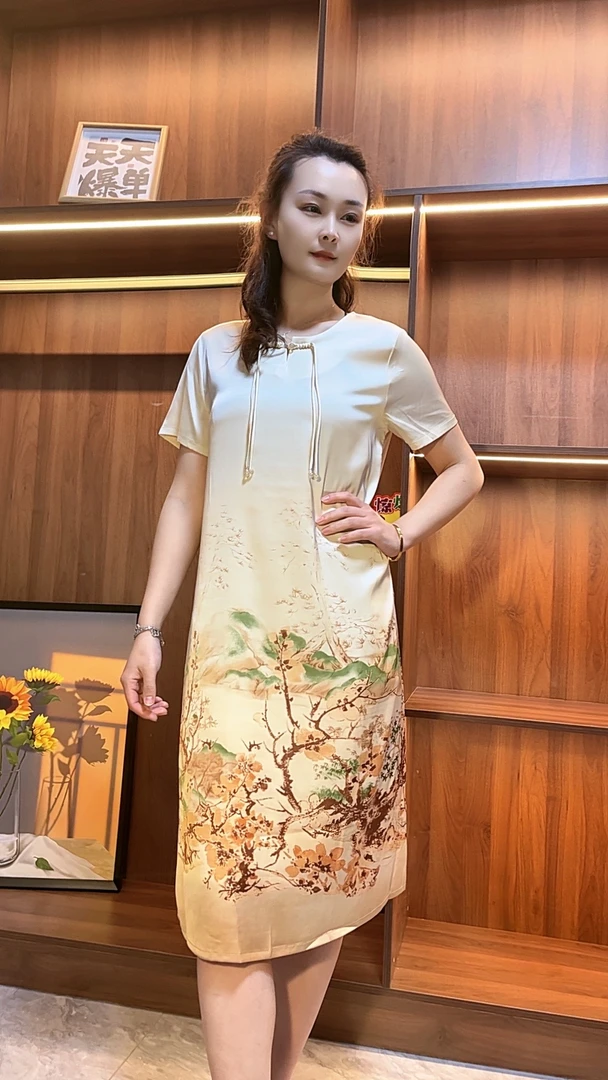 8005优雅中年女装梅花图连衣裙气质妈妈装过膝长裙