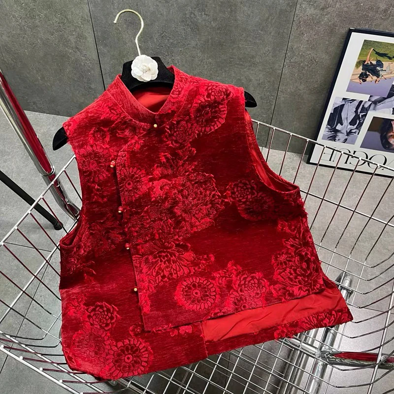 网红同款2026春季新款新中式国风提烧花工艺图案丝绒国风马甲坎肩