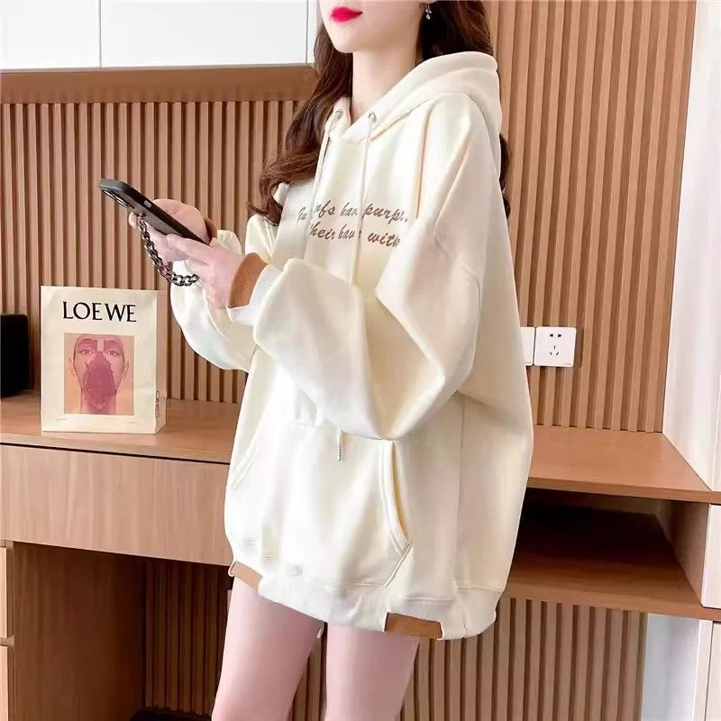 纯棉连帽卫衣女春秋季薄款休闲洋气印花慵懒风宽松大码胖mm学生潮