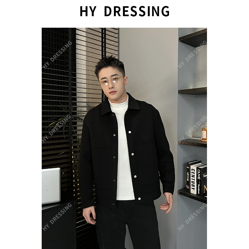 【HY穿搭】冬季厚款双面羊毛呢夹克男翻领时尚挺阔保暖短款外套502