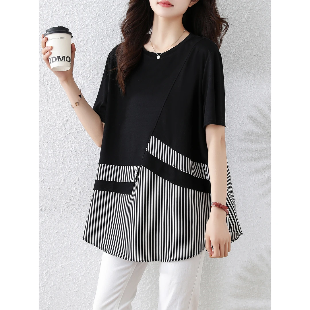 高级时尚小衫女2025夏季新款宽松大码女装设计条纹拼接中长款t恤