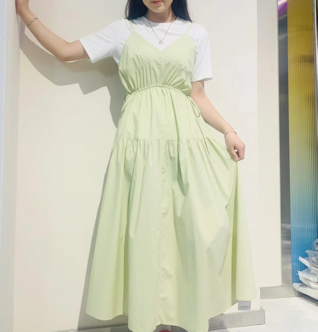 25370-初语薄荷漫波风连衣裙女2025夏季新款度假风外穿吊带裙长裙