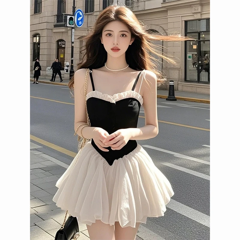 荡领法式撞色拼接网纱短裙春夏季新款小众收腰气质低领轻奢连