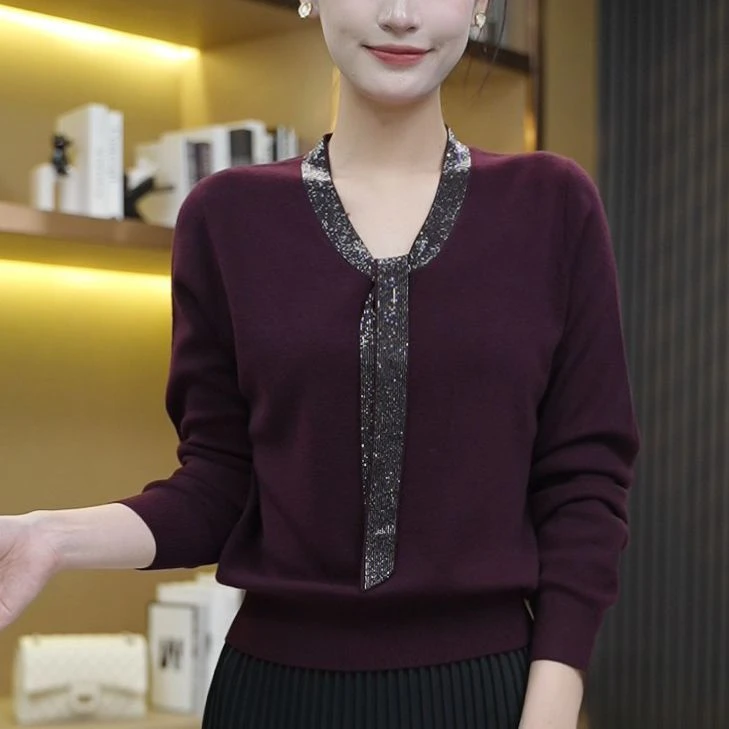 秋冬款宽松显瘦烫钻针织衫慵懒洋气百搭上衣长袖毛衣打底衫小衫