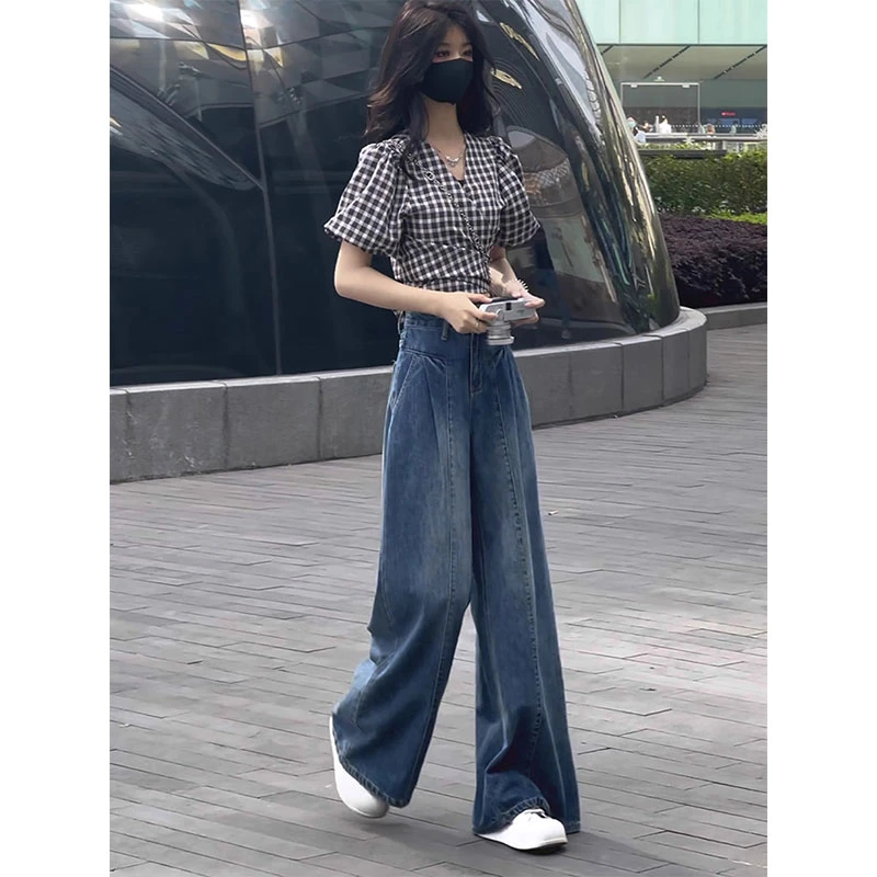 设计感蓝色窄版直筒牛仔裤女夏季大码胖MM遮胯宽松显瘦垂感阔腿