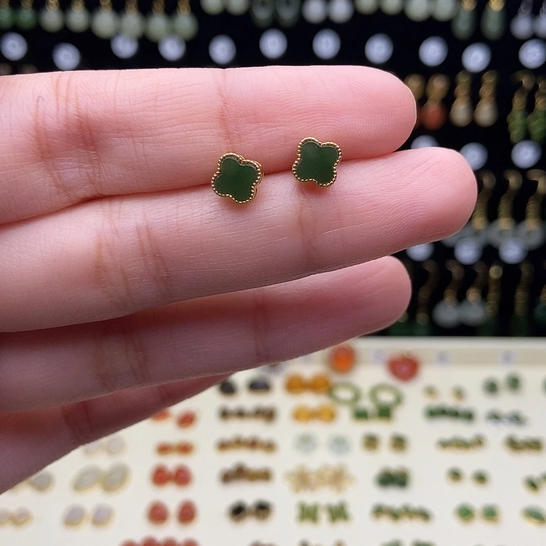 和田玉银S925镀金镶嵌耳饰