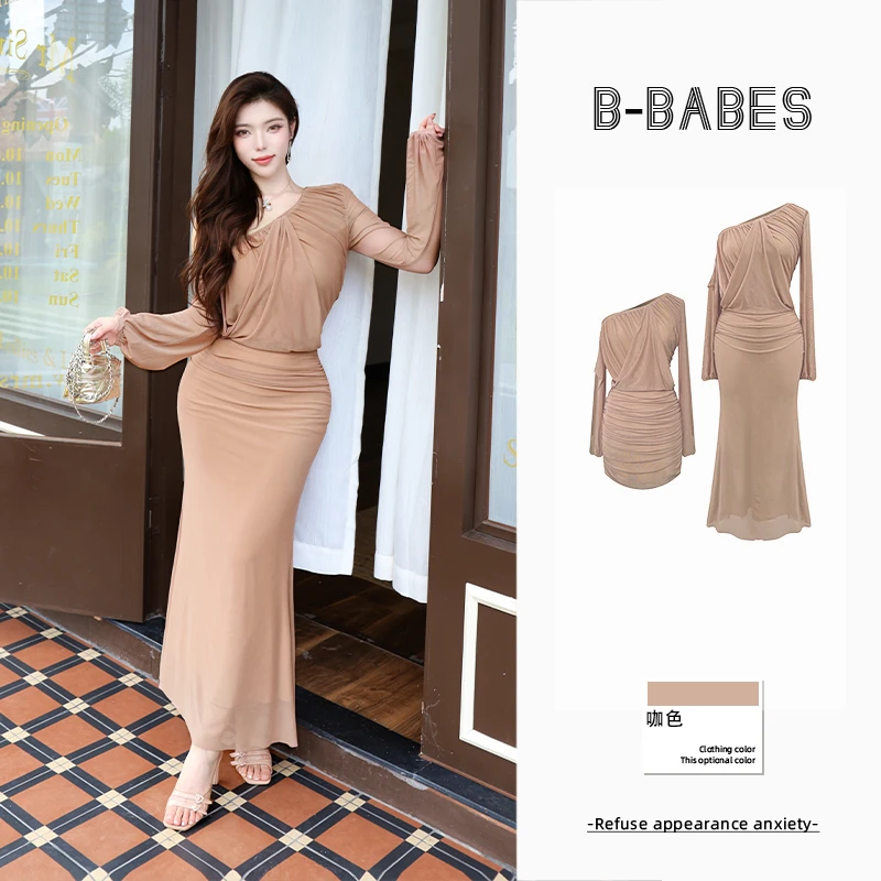 B-babes【流金日月】设计感不对称露肩款长袖连衣裙秋季显瘦收腰裙