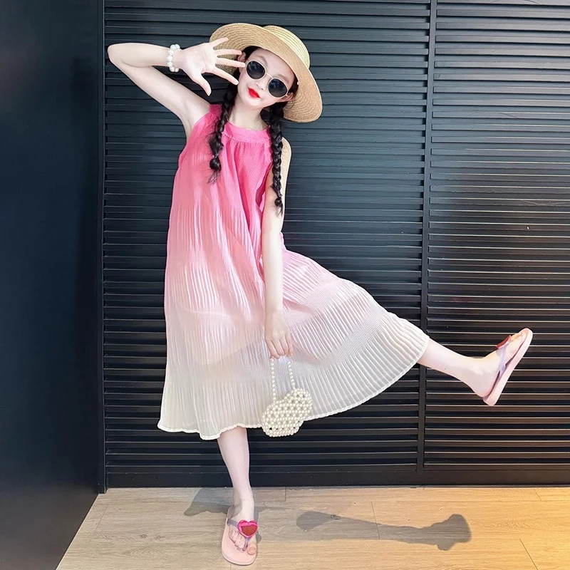 女童夏韩版连衣裙2025新款女大童夏季洋气裙子儿童红色吊带公主裙