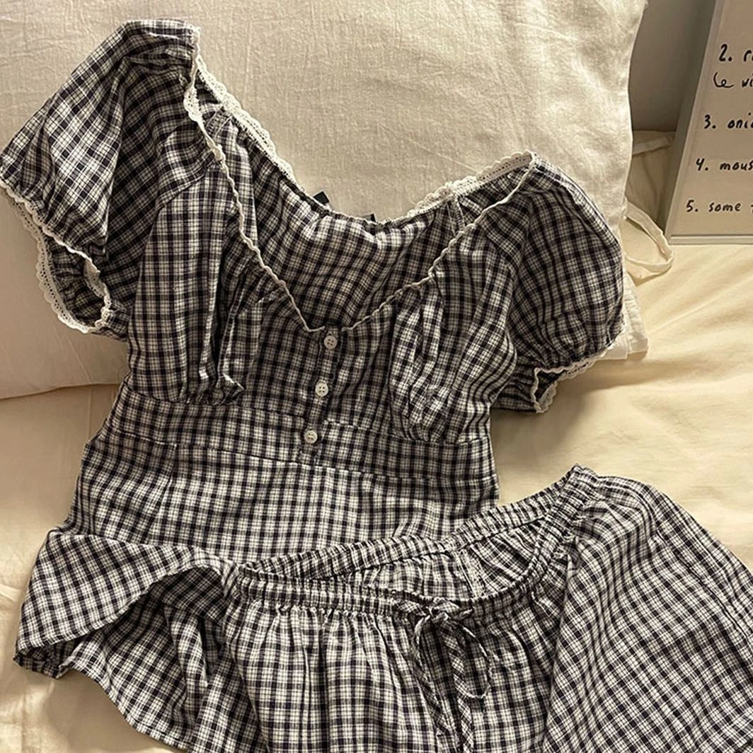 【复古泡泡袖】韩系少女袖格子睡衣夏2025款简约休闲短裤套装居家服