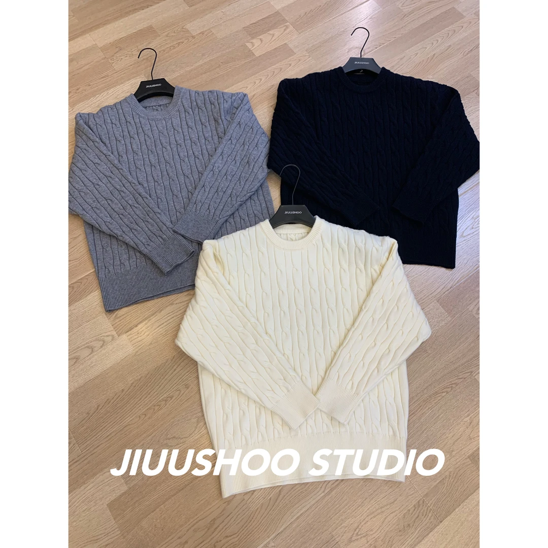 浮雕麻花纹粗针织松弛感圆领复古百搭毛衣