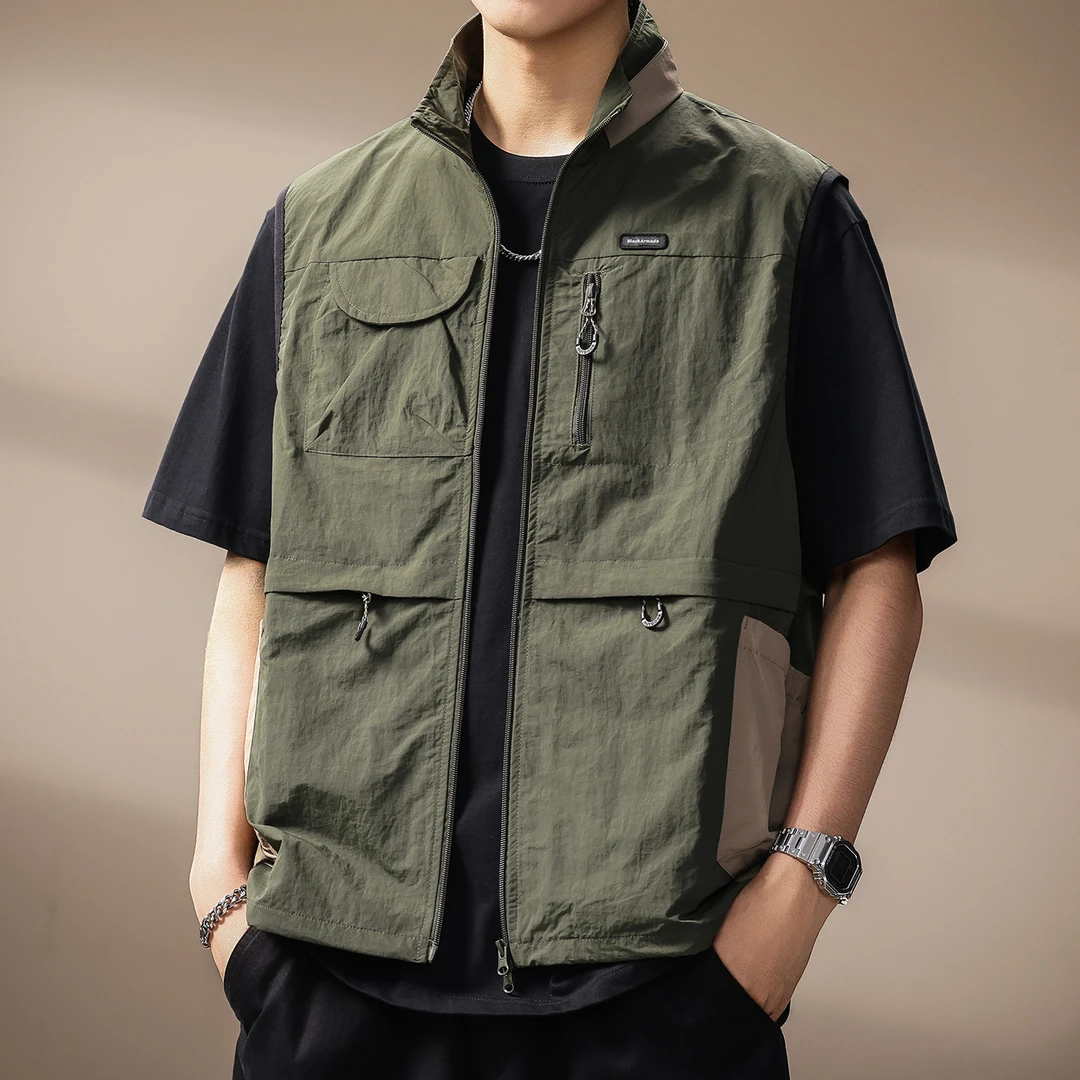 高端潮牌多口袋立领马甲男士夏季新款美式机能风户外无袖背心外套