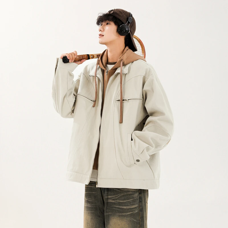 CONDI 假两件连帽拼接工装夹克美式潮牌休闲宽松棒球服外套J195