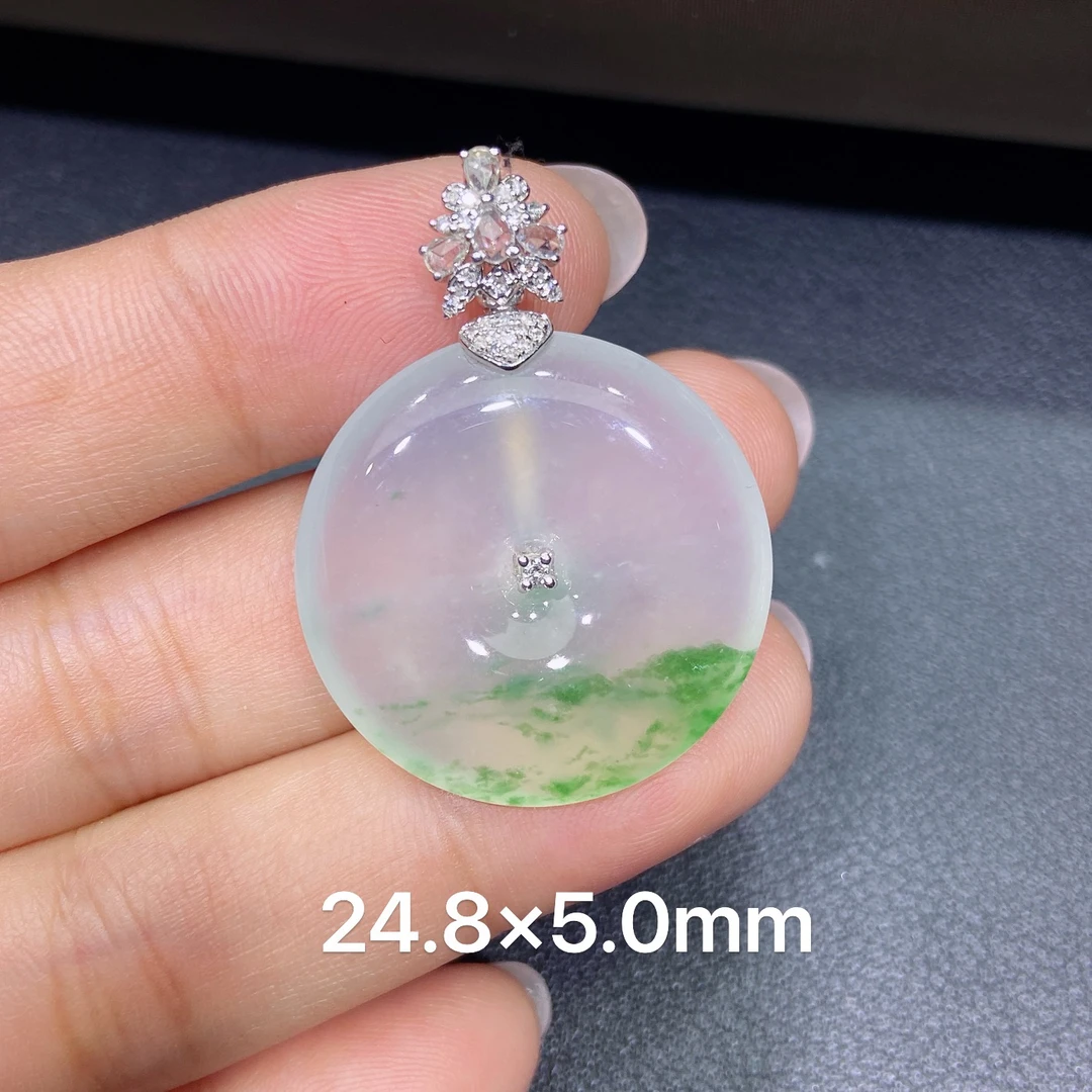 缅甸天然A货翡翠 老坑18k冰种飘绿半山水平安扣吊坠 玉质细腻k002