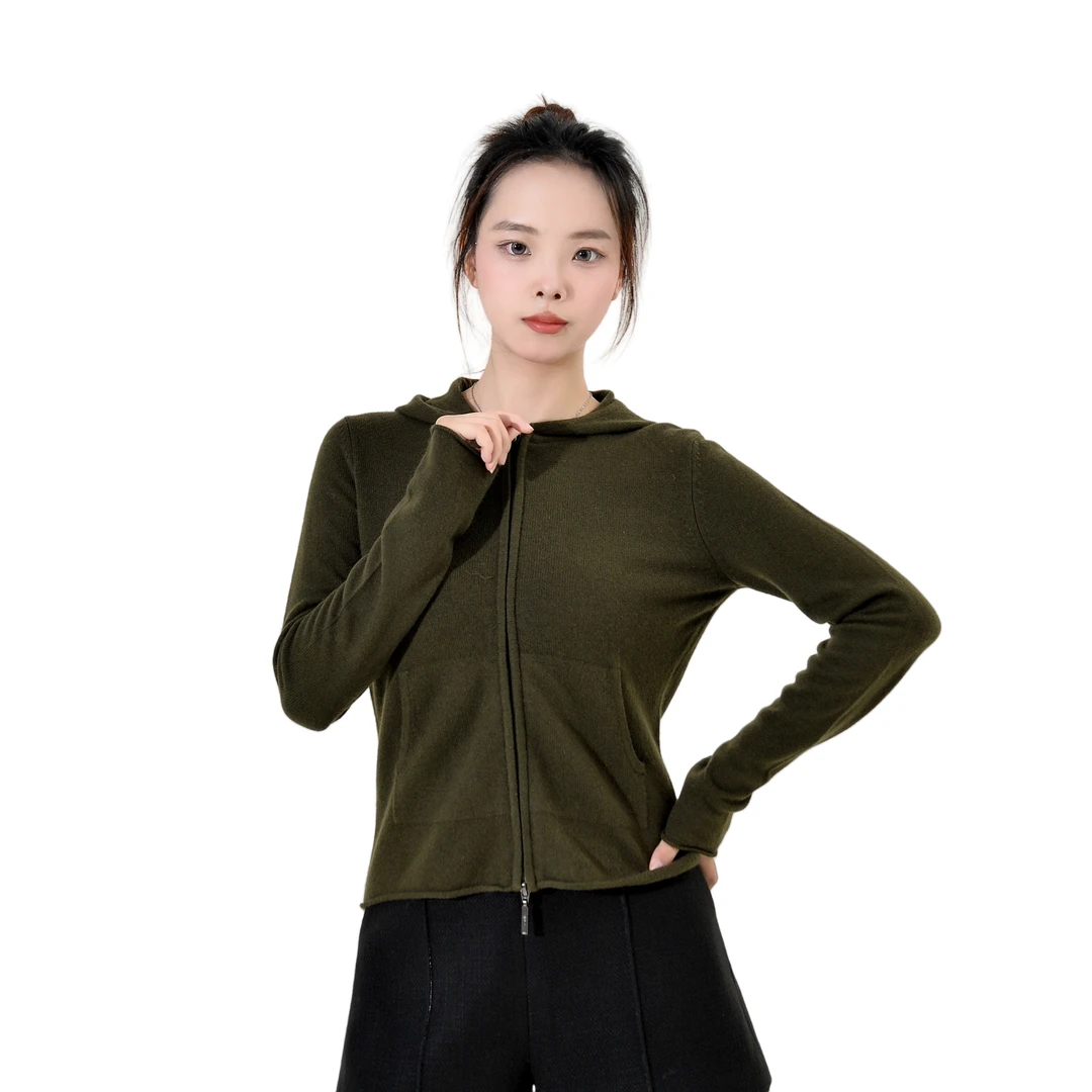 轻奢高端羊绒  软糯修身连帽拉链女士羊绒开衫 TZ2022-1