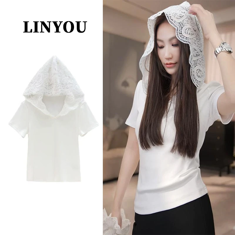 2025年春秋韩式新款时尚休闲蕾丝拼接短袖女简约百搭舒适透气上衣