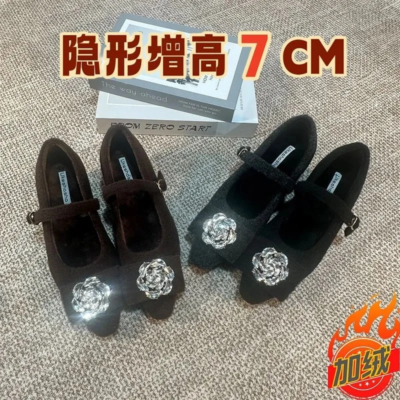 秋冬新款增高7cm水钻浅口单鞋女法式一字扣玛丽珍鞋毛毛鞋晚晚鞋