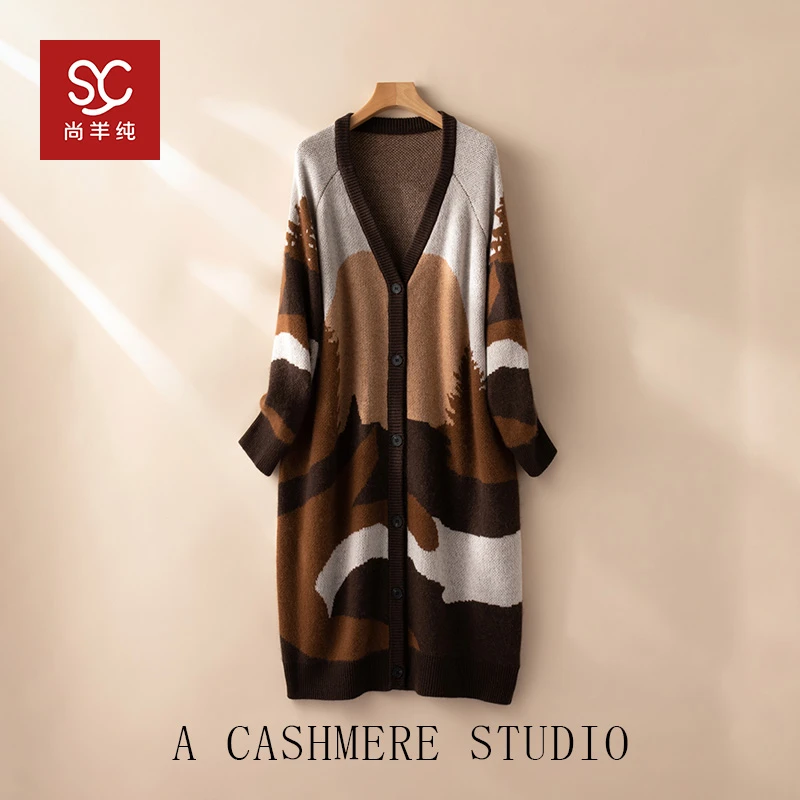 【美式潮流】100纯山羊绒时尚大V领大衣外套羊绒衫女CYR240149