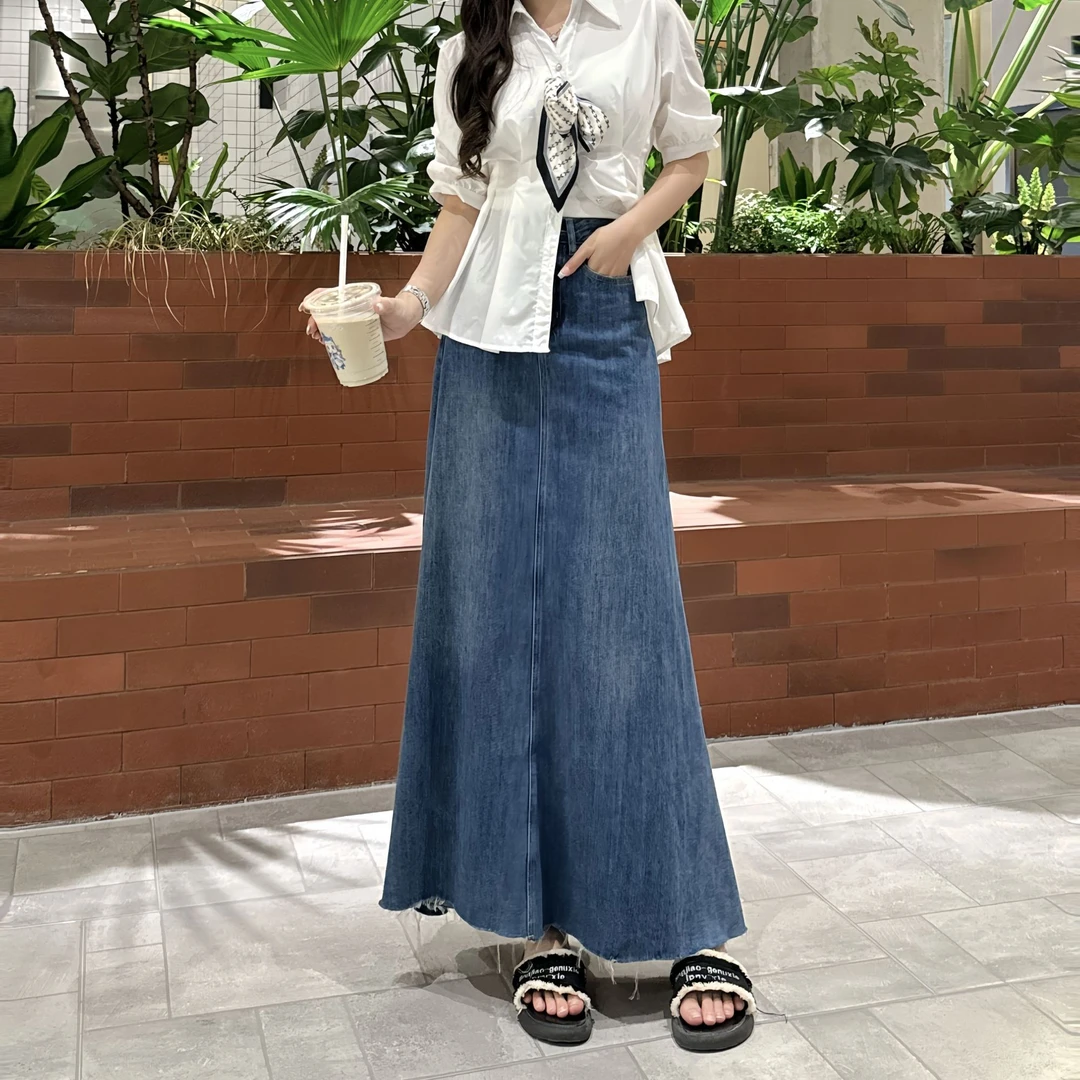 春夏中腰柔软中长款气质典雅复古不开叉无弹牛仔A字裙大摆裙8203#