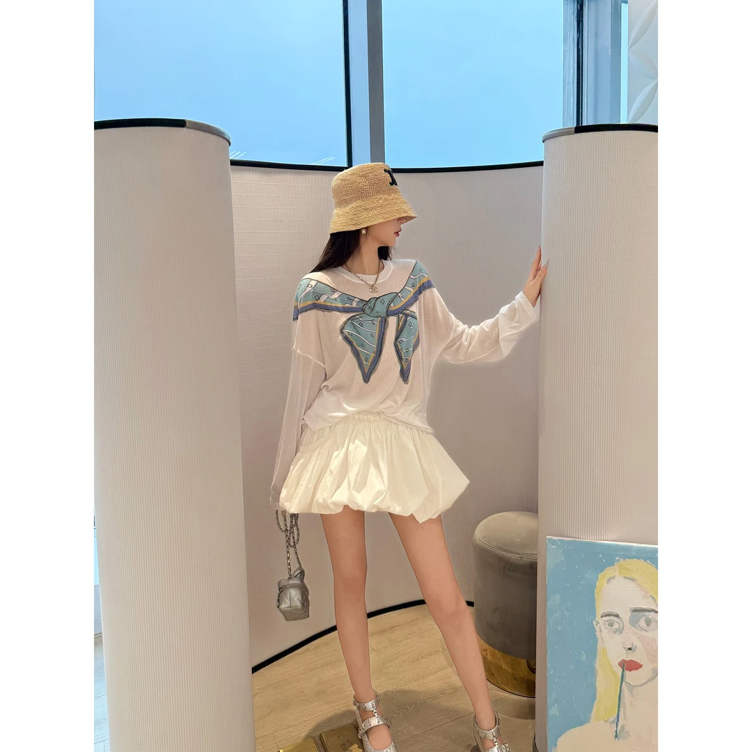 NancyCavally专柜款高捻超细长绒棉 趣味涂鸦风披肩印花廓形长袖T