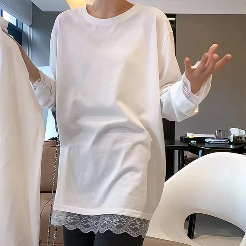 白色拼接蕾丝中长款长袖T恤女春秋新款爆款休闲内搭打底衫潮上衣